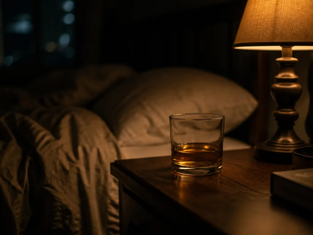 A moody, intimate nighttime photograph of a dimly lit bedside scene: a single half-full…