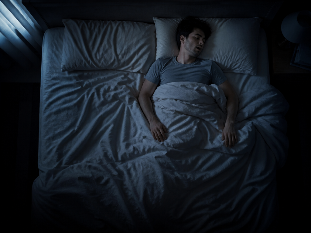 A photorealistic overhead shot of a person lying alone asleep in a large bed…