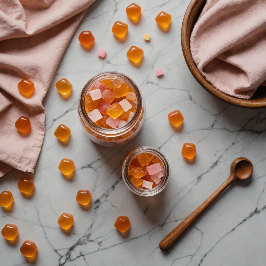 Overhead flat-lay photograph on a clean marble nightstand at twilight, showing an open amber…