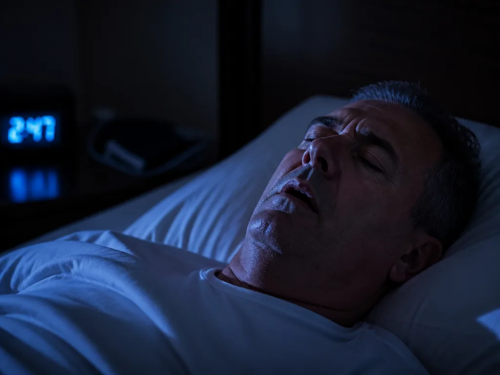 A photorealistic close-up of a middle-aged man asleep in a dimly lit bedroom at…