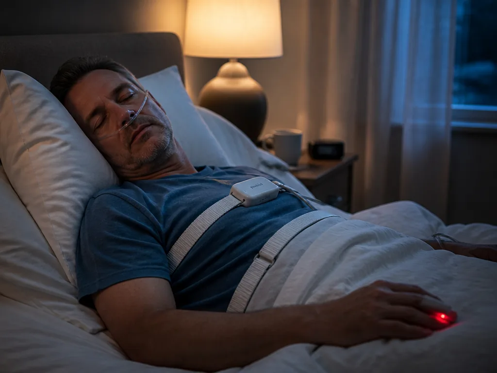 A photorealistic medium shot of a middle-aged man asleep on his back in a…
