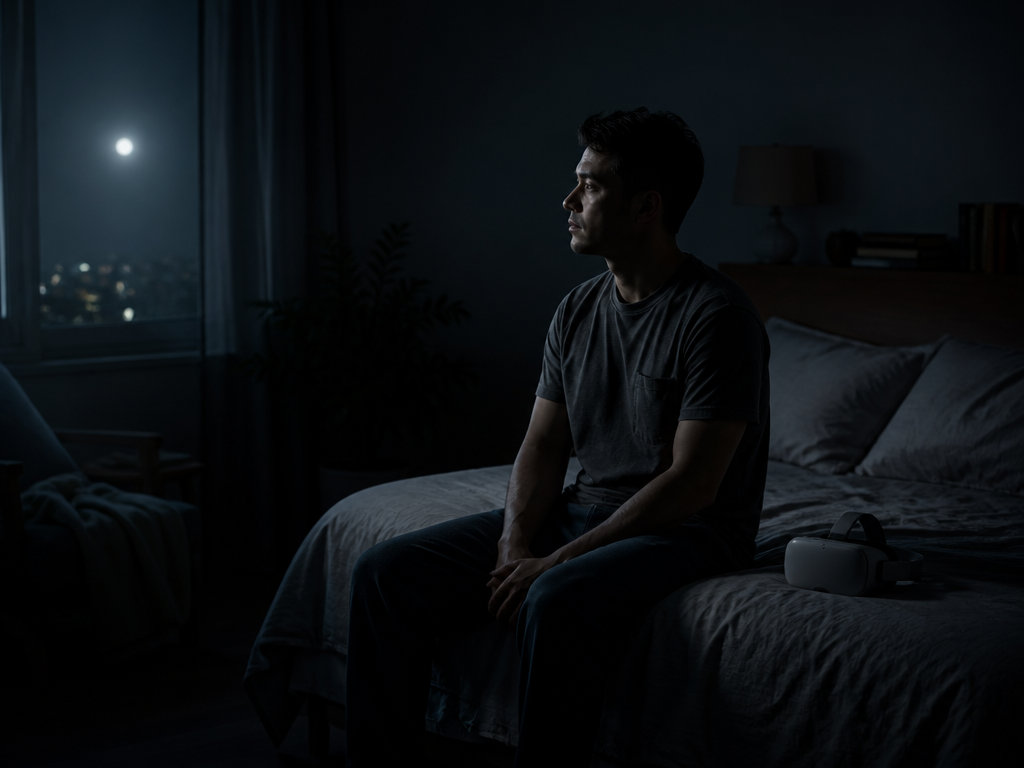 Wide cinematic shot of a person sitting on the edge of a bed at…