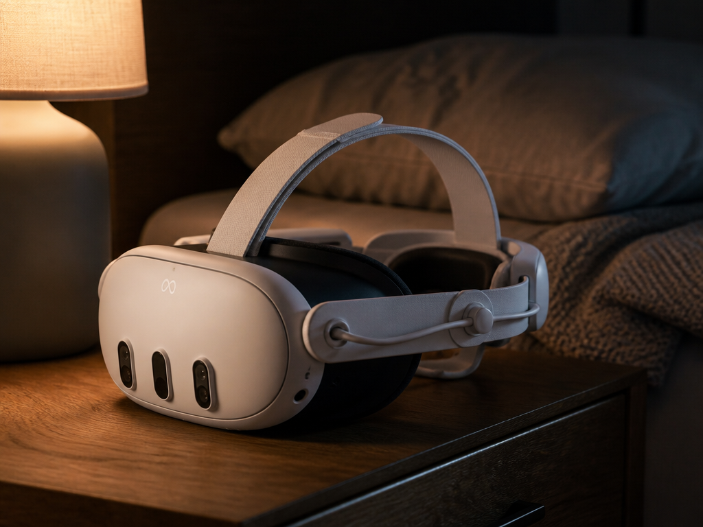 A Meta Quest 3 headset with a rigid head strap and rear battery counterweight…