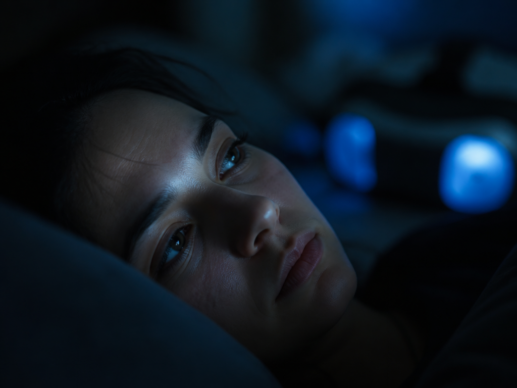 Close-up portrait of a person's face in a darkened bedroom, the cool blue glow…