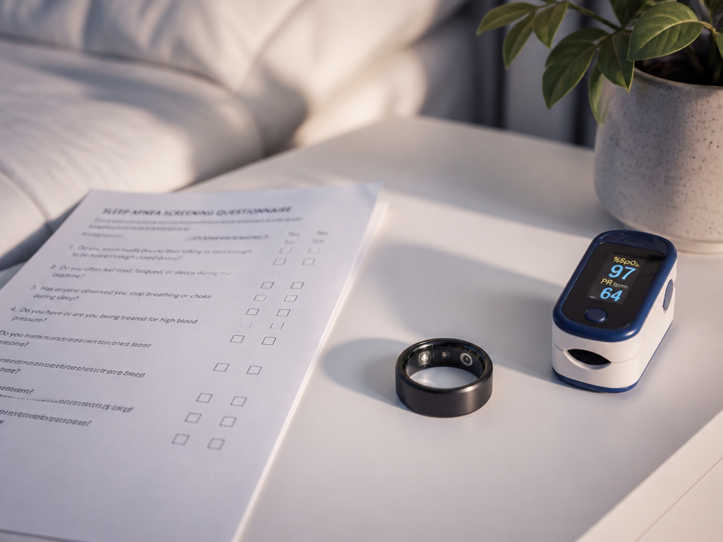 A photorealistic overhead flat-lay composition on a clean white nightstand at dawn, arranging the…