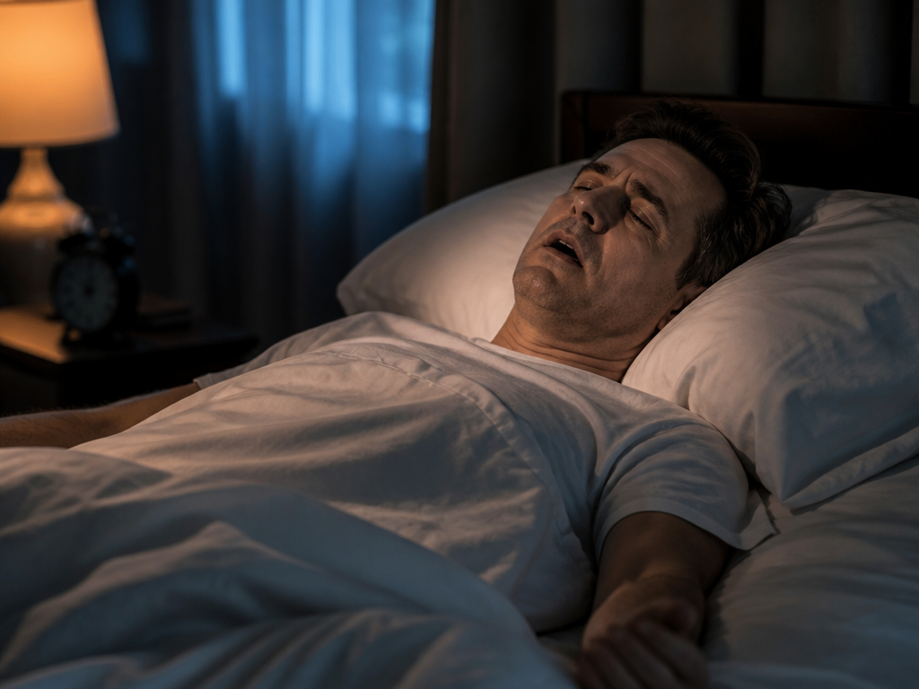 A photorealistic medium shot of a middle-aged man sleeping on his back in a…