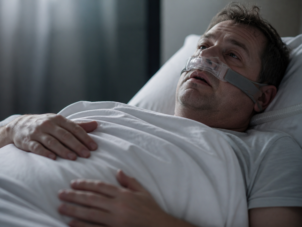 A photorealistic portrait of a tired middle-aged man lying awake on his back in…