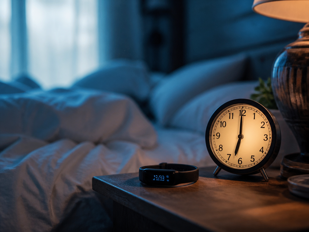 A serene bedroom at 6 a.m. in early winter, soft blue pre-dawn light filtering…