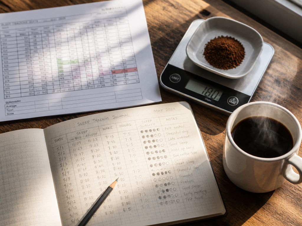 A close-up overhead flat-lay on a wooden desk near a window, morning sunlight casting…