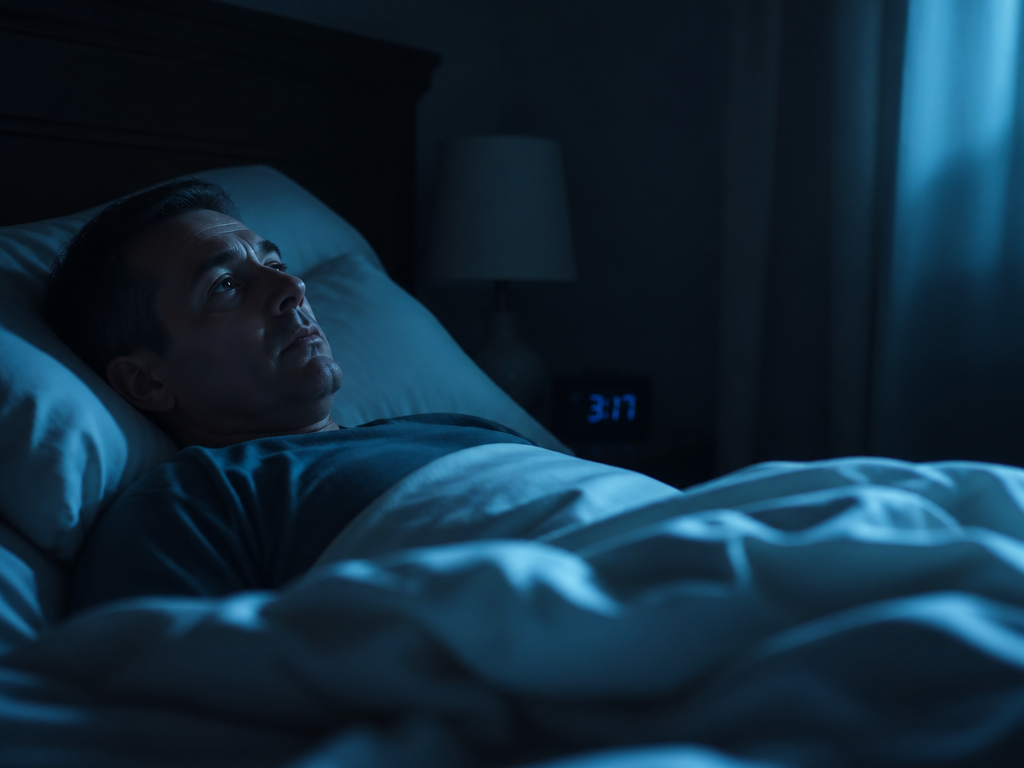 A photorealistic medium shot of a middle-aged man lying awake in a dimly lit…