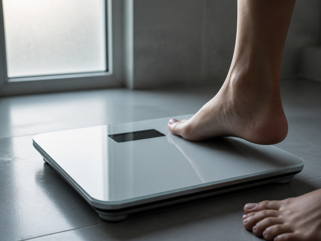 A photorealistic close-up of a modern bathroom scale on cool gray tile floor, viewed…