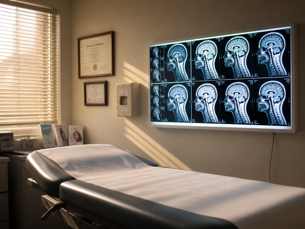 A photorealistic clinical scene inside a softly lit doctor's exam room, an empty patient…