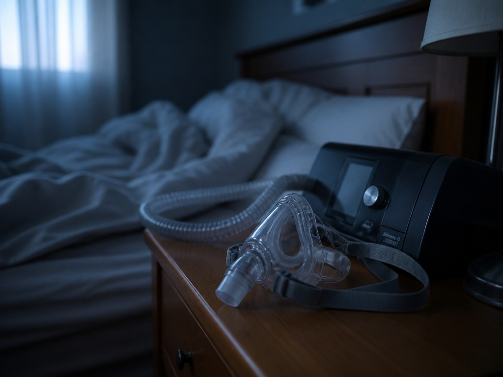 A photorealistic close-up of a CPAP machine resting on a wooden nightstand beside an…