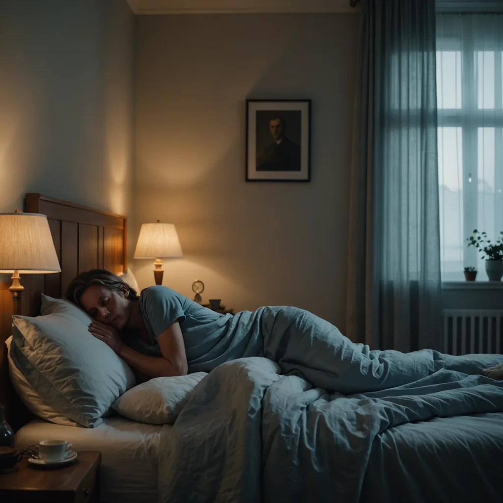 A serene, dimly lit bedroom captured at 3am, photographed from a low angle beside…