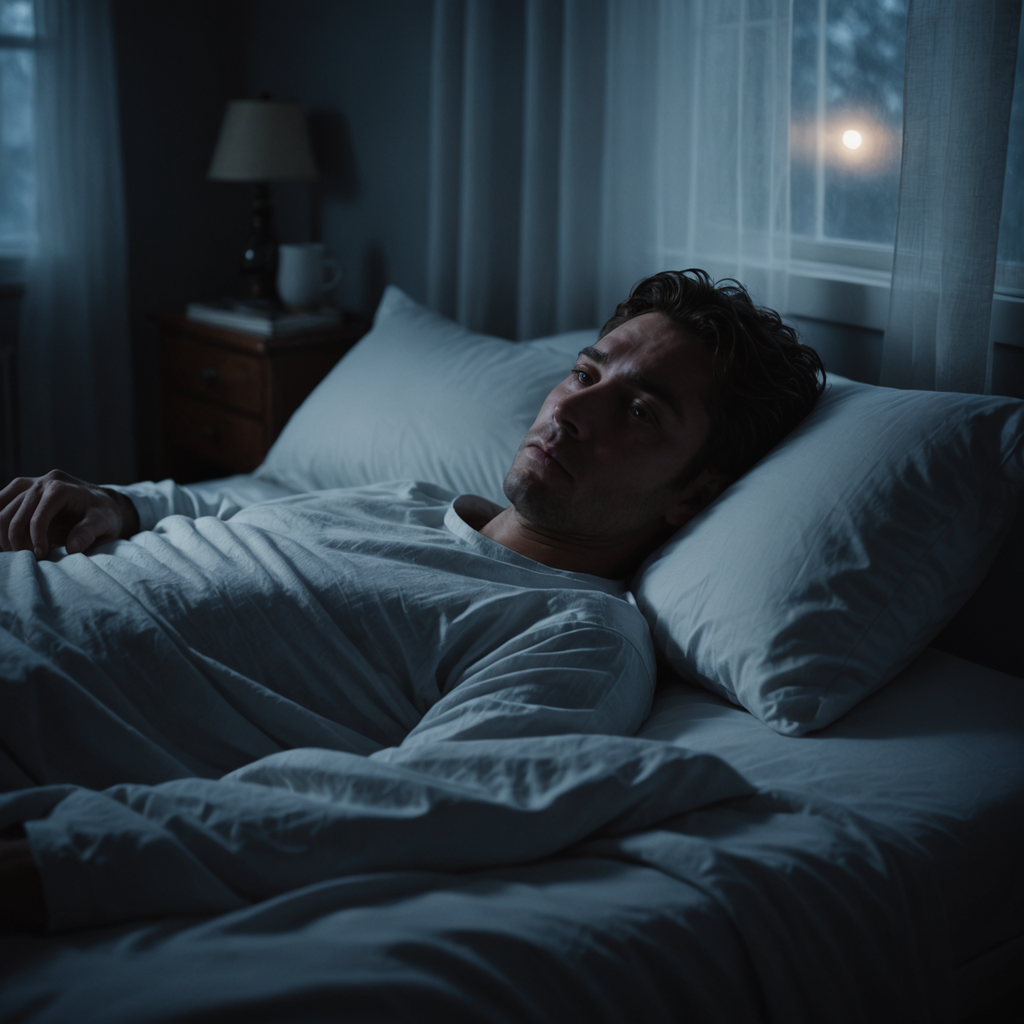 A photorealistic overhead shot of a person lying awake in a dimly lit bedroom…