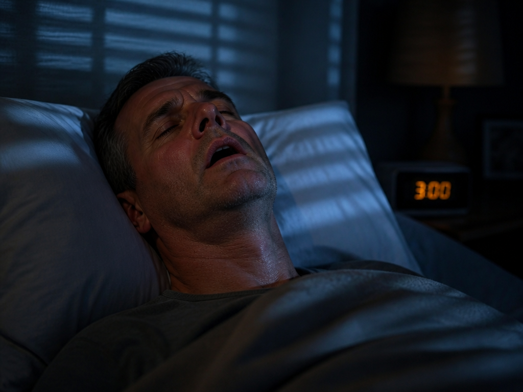 A photorealistic, intimate nighttime portrait of a middle-aged man asleep on his back in…