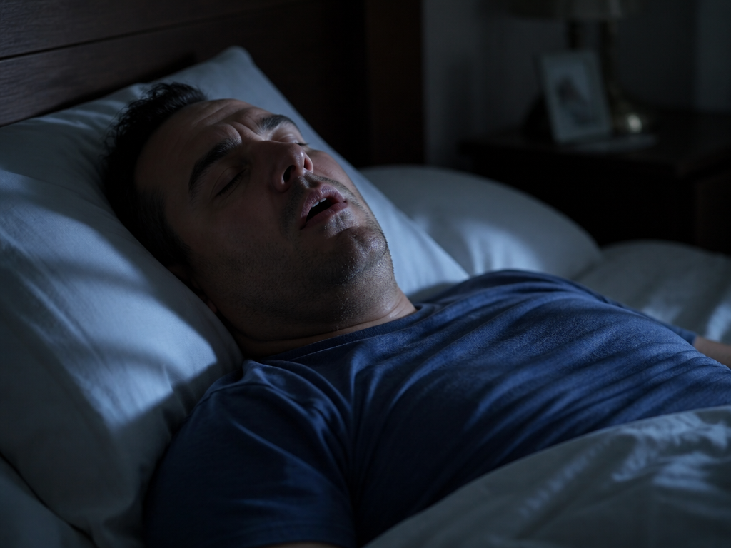 A photorealistic close-up of a middle-aged man asleep on his back in a dimly…