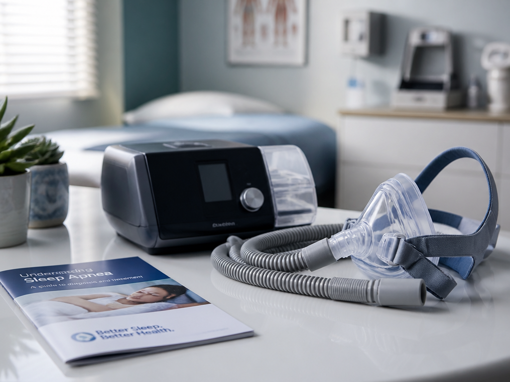 A photorealistic medical still life on a clean clinic desk: a continuous positive airway…