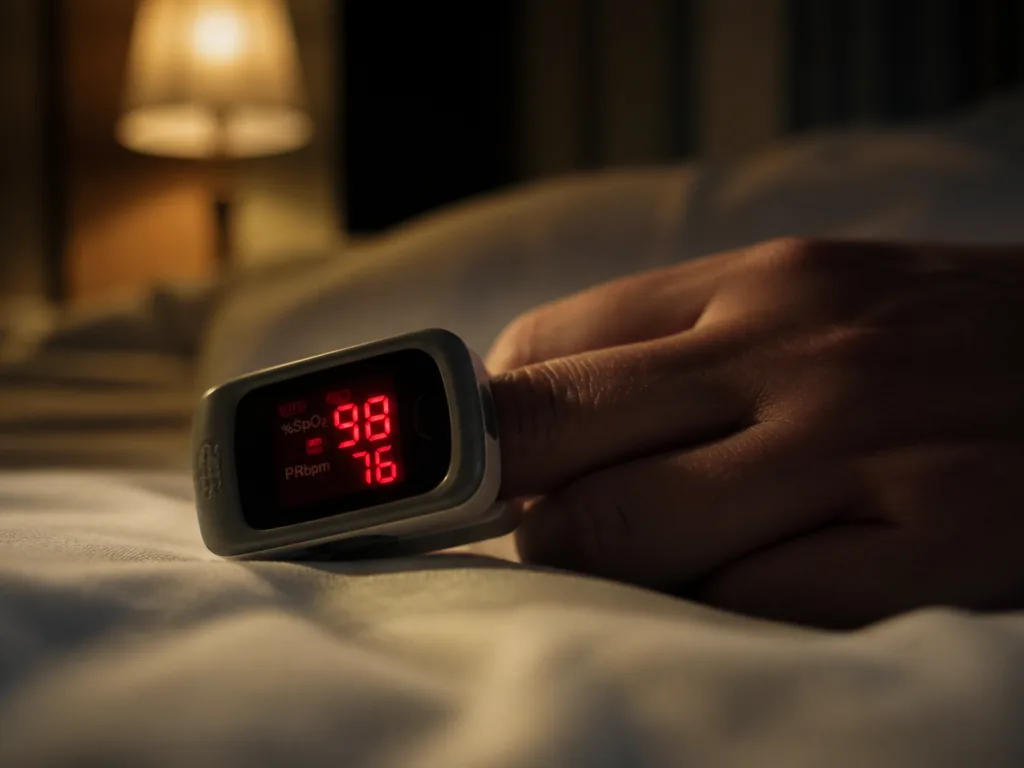 A close-up macro photograph of a fingertip pulse oximeter clipped onto a person's index…