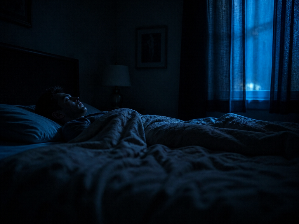 A cinematic wide shot of a darkened bedroom at 2 a.m., a person lying…