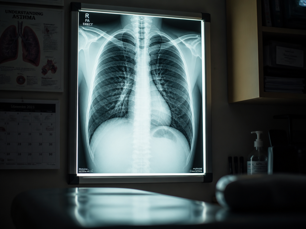 A dramatic medical-style photograph of a glowing chest X-ray light box in a dim…