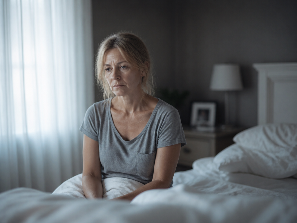 A photorealistic portrait of a woman in her late forties sitting alone on the…