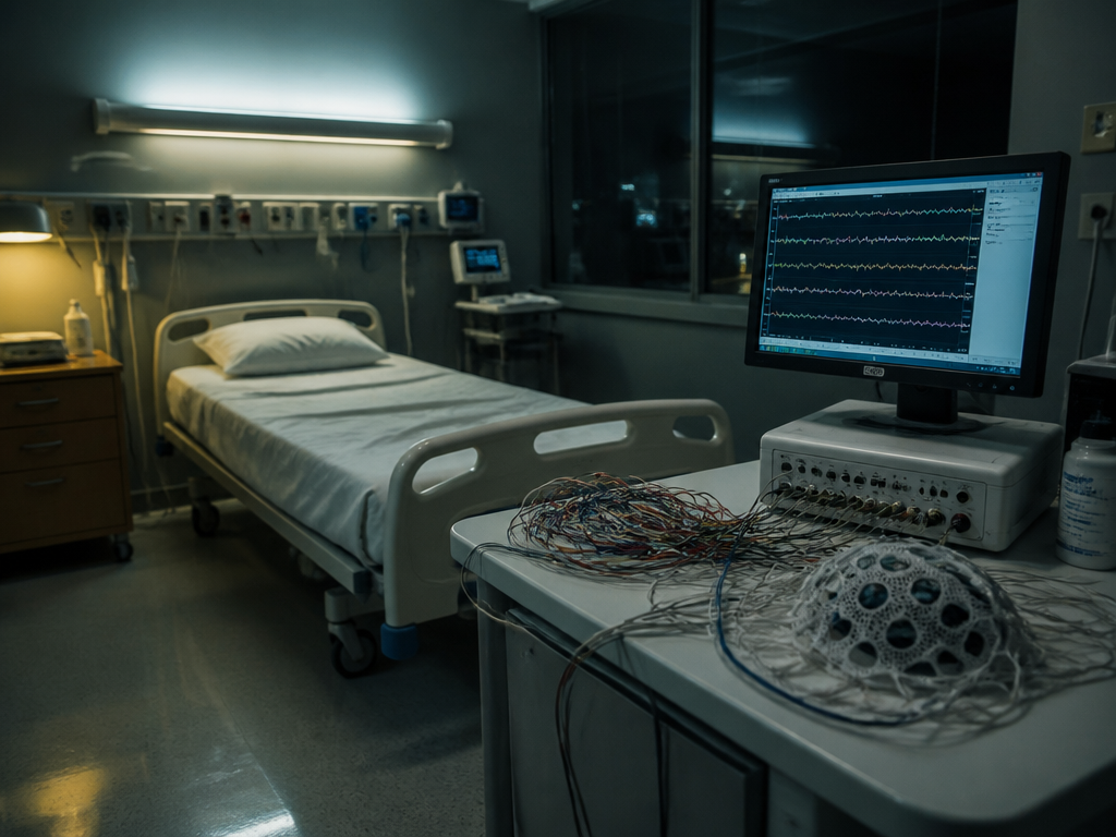 A photorealistic clinical scene of a quiet sleep lab at night, an empty hospital-style…