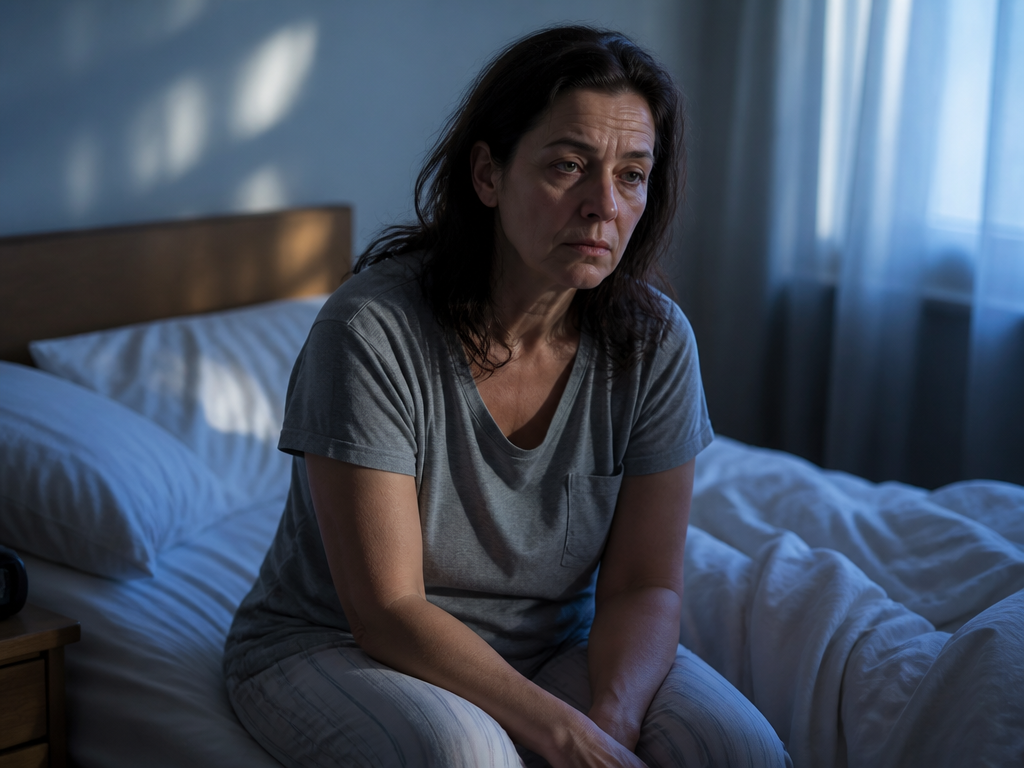 A photorealistic portrait of a tired middle-aged woman sitting on the edge of her…