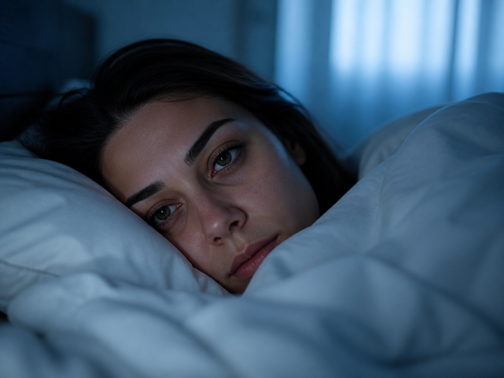 A close-up portrait of a sleepless young woman lying awake on her side in…