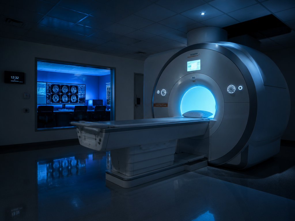 A moody scientific scene inside a dim fMRI imaging suite, the large cylindrical scanner…