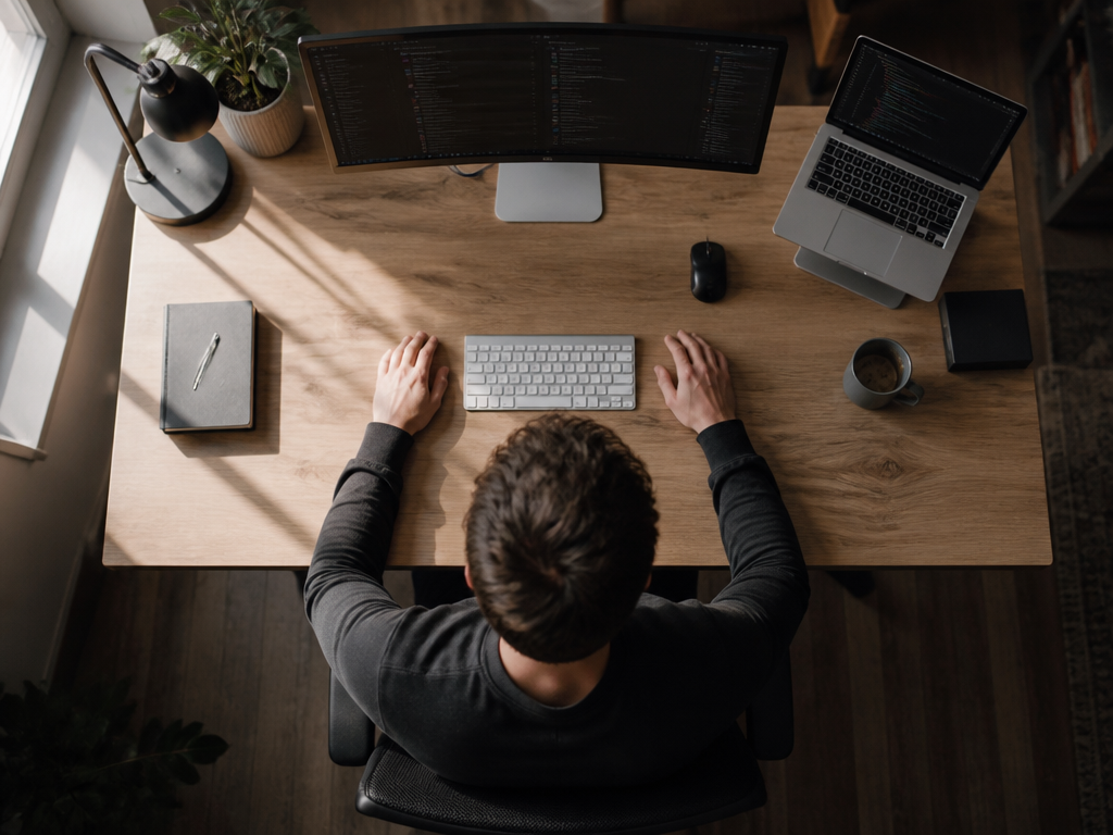 A photorealistic overhead shot of a modern home office desk where a person sits…