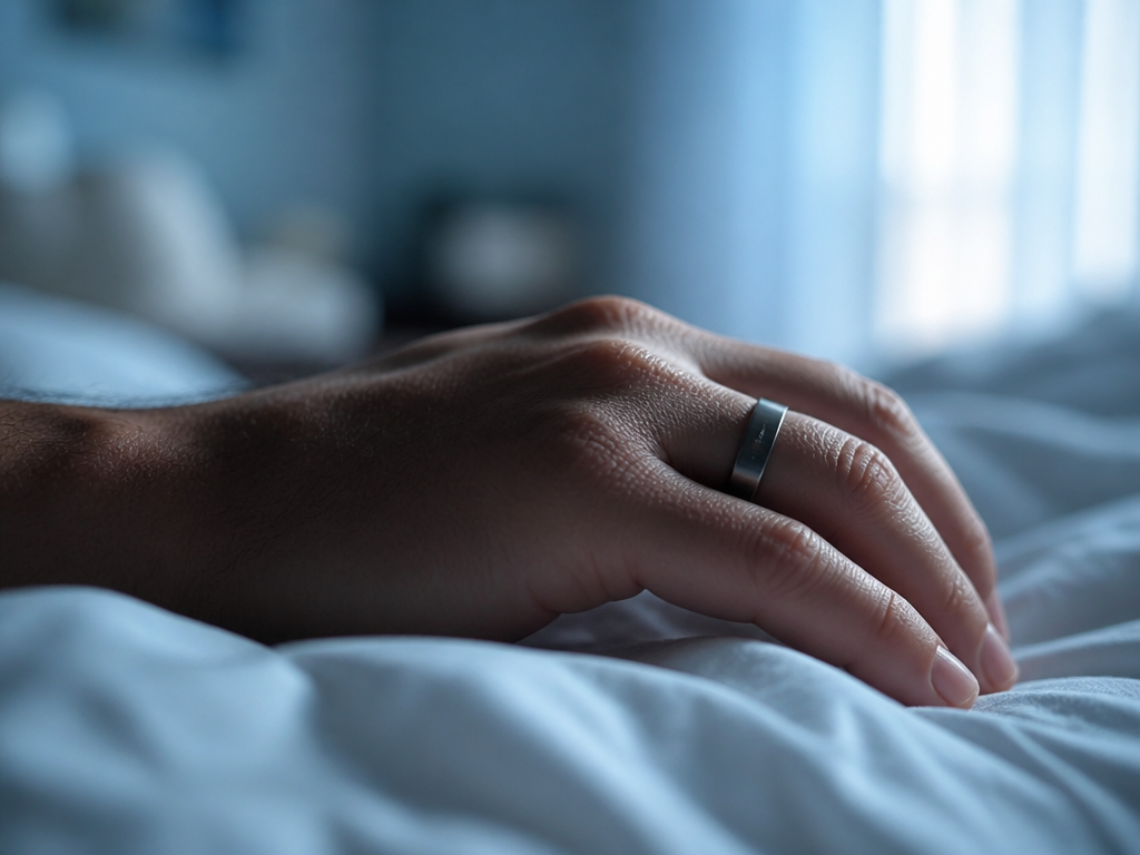 An intimate photorealistic close-up of a person's wrist and hand resting on a white…