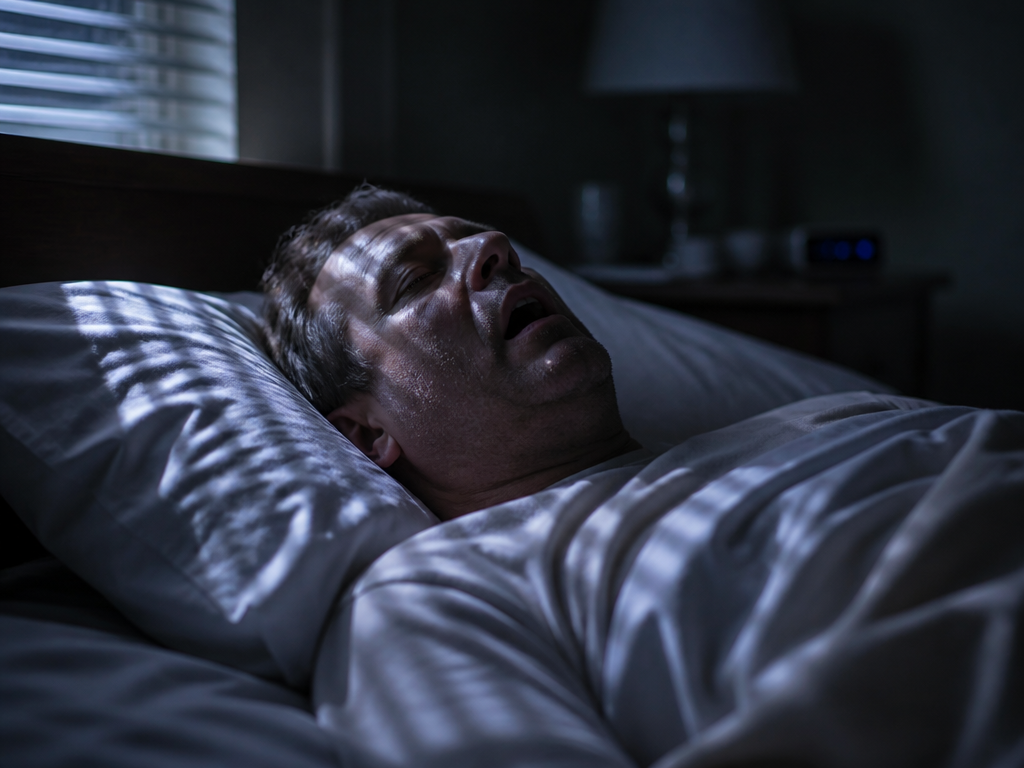 A dimly lit bedroom at 3 a.m., a middle-aged man asleep on his back…