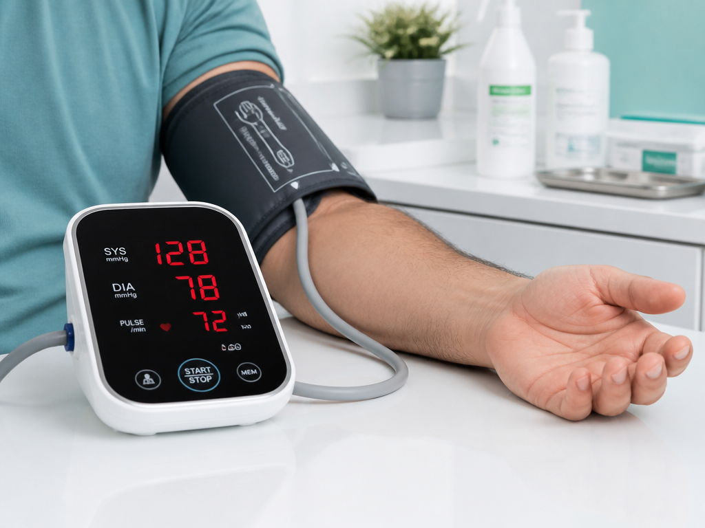 A clinical close-up of a digital blood pressure monitor cuff wrapped around a patient's…
