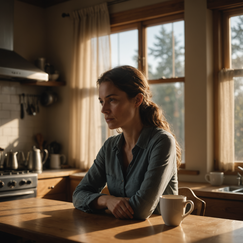 A close-up photorealistic photograph of a woman sitting alone at a dimly lit kitchen…