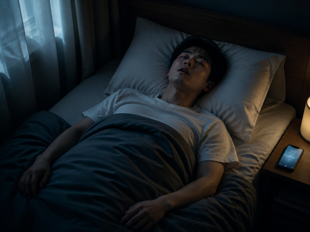 A photorealistic overhead shot of a person sleeping alone in a dim bedroom at…