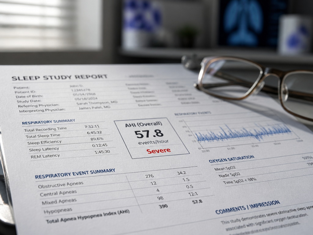 A close-up clinical still life of a sleep study report printout resting on a…