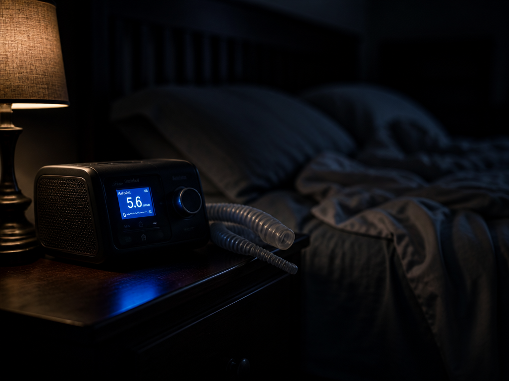 A dimly lit bedroom at 2 a.m., a CPAP machine sitting on a nightstand…