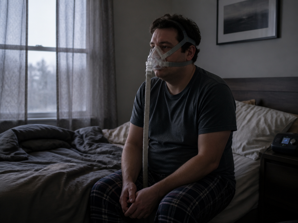A man sitting alone on the edge of his bed in early gray dawn…