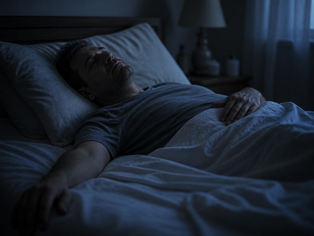 A dim, intimate bedroom photographed at 3 a.m., a middle-aged man lying awake on…