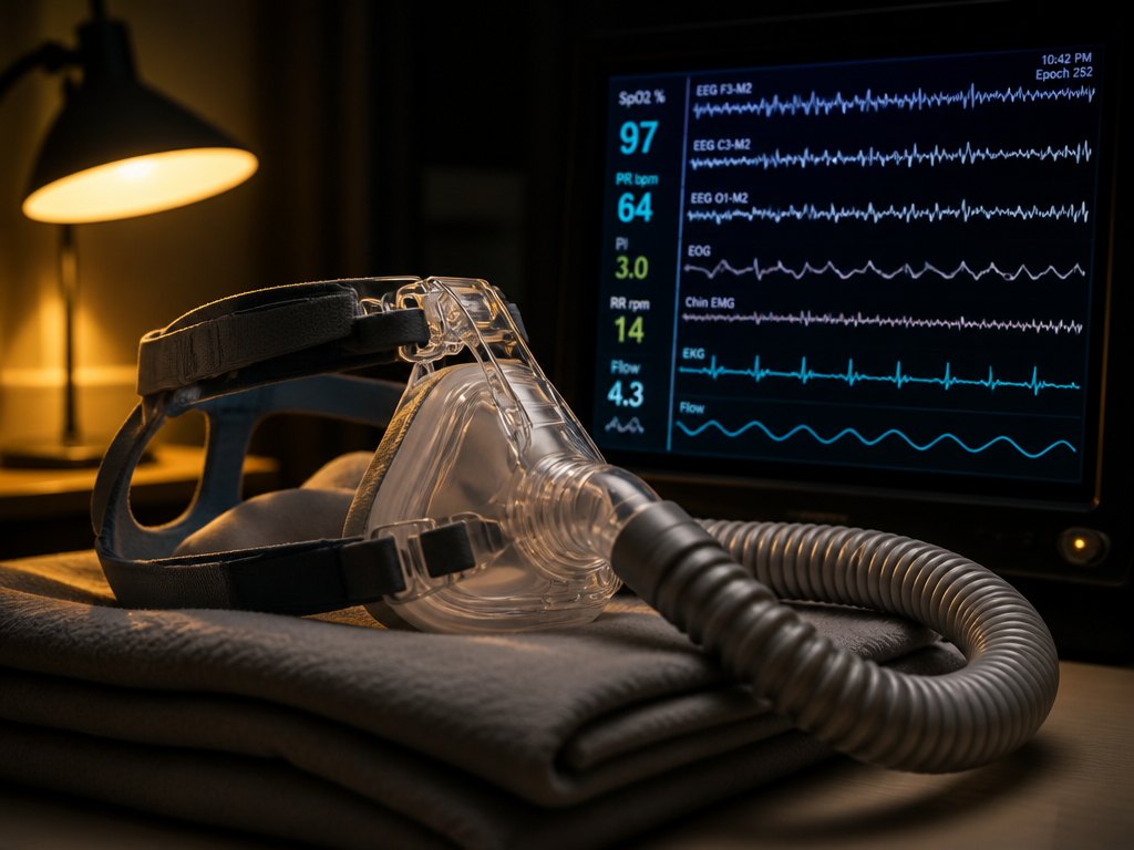 A clinical close-up of a sleep study setup in a darkened lab, a CPAP…