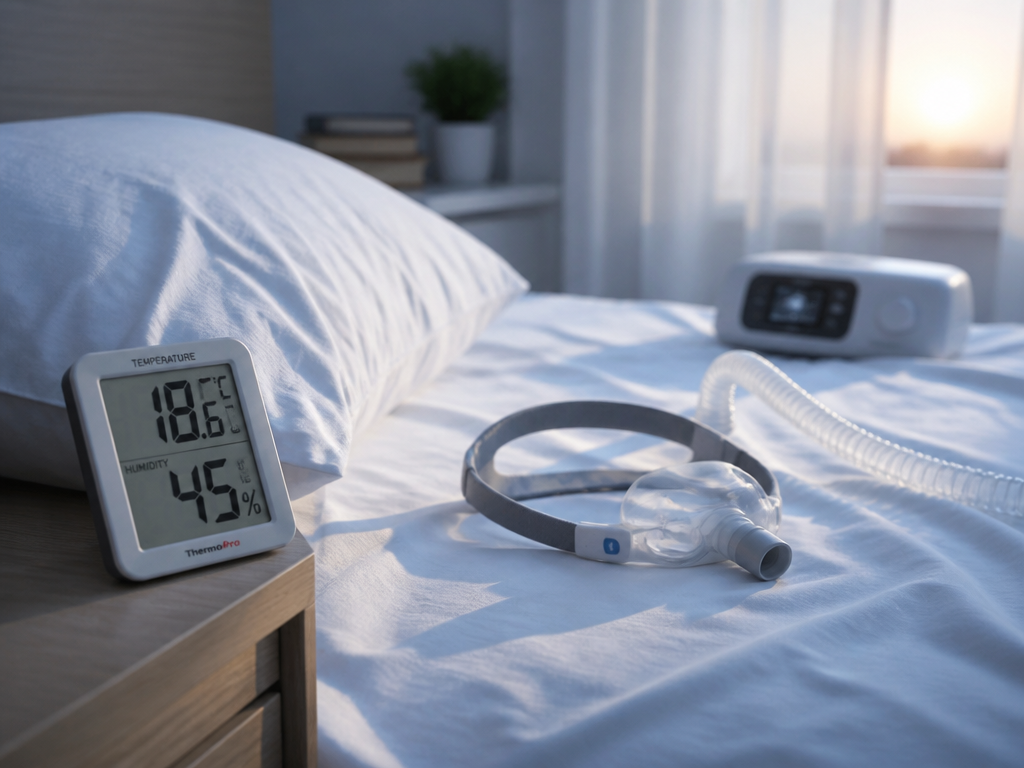 A photorealistic overhead and side-angle shot of a tidy bedside scene at dawn: a…