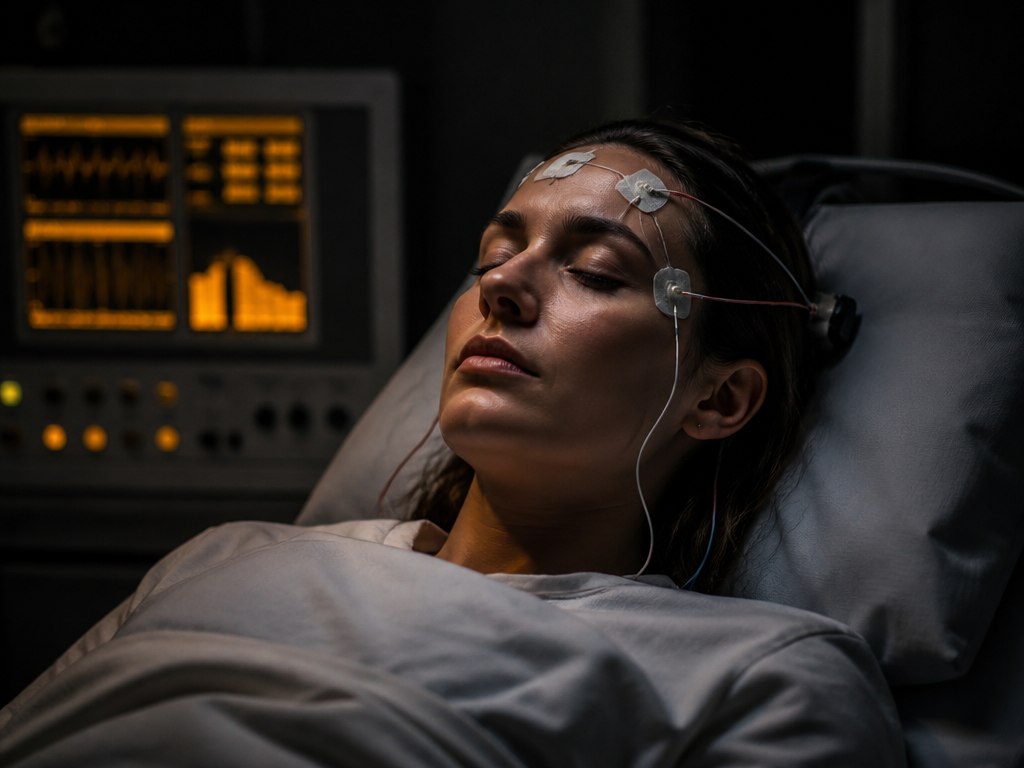 A photorealistic close-up of a sleep research laboratory environment: a darkened room with a…