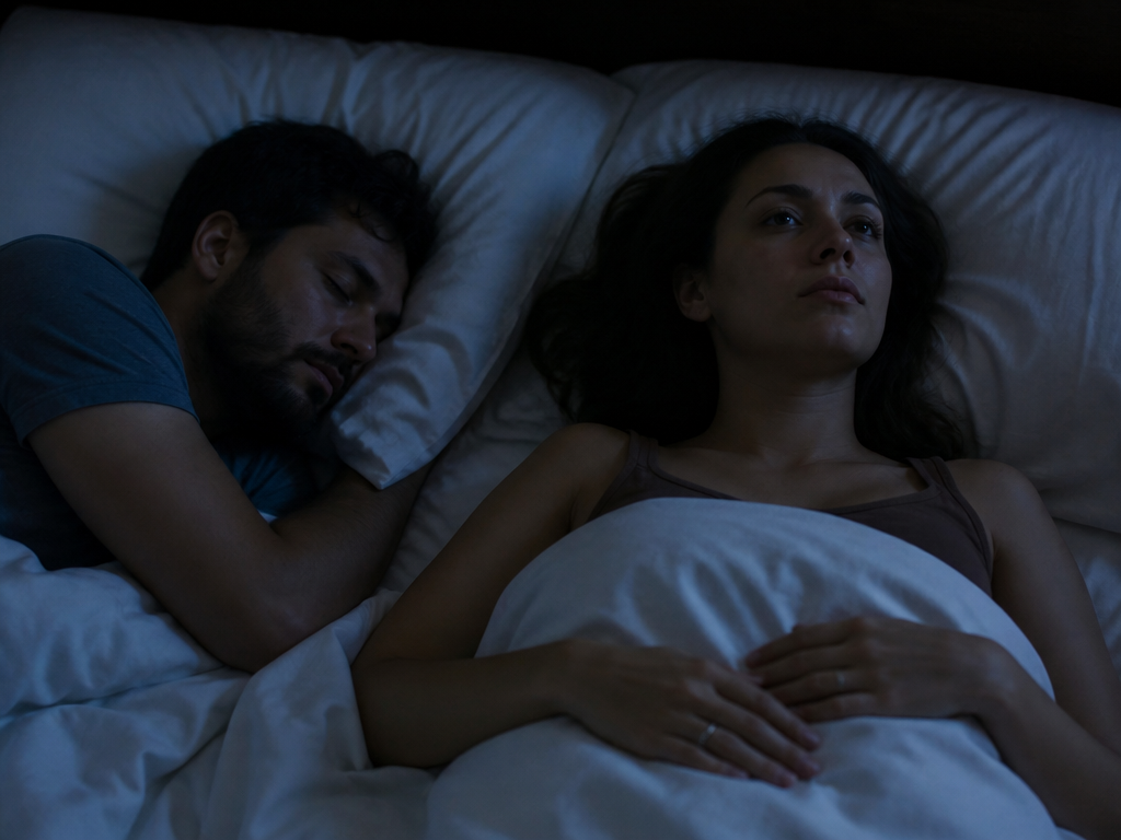 A photorealistic overhead shot of a couple asleep in the same bed at different…