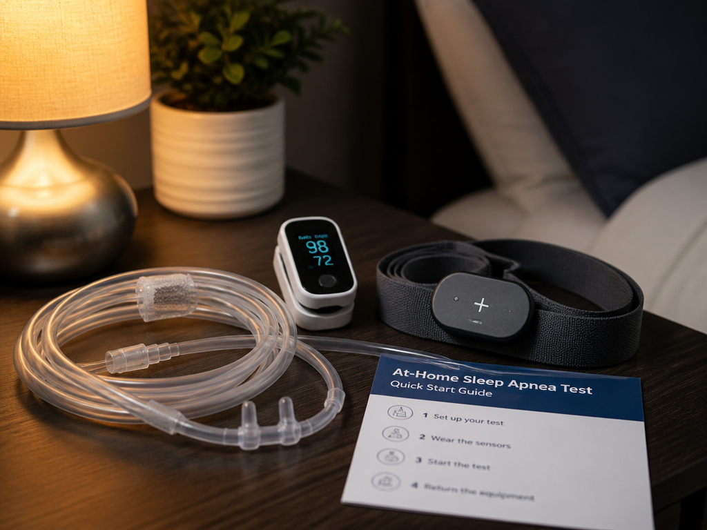 A clinical still-life of an at-home sleep apnea testing kit arranged neatly on a…