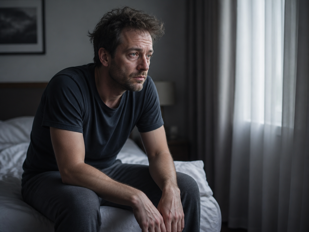 A close-up photorealistic portrait of an exhausted man in his early forties sitting on…