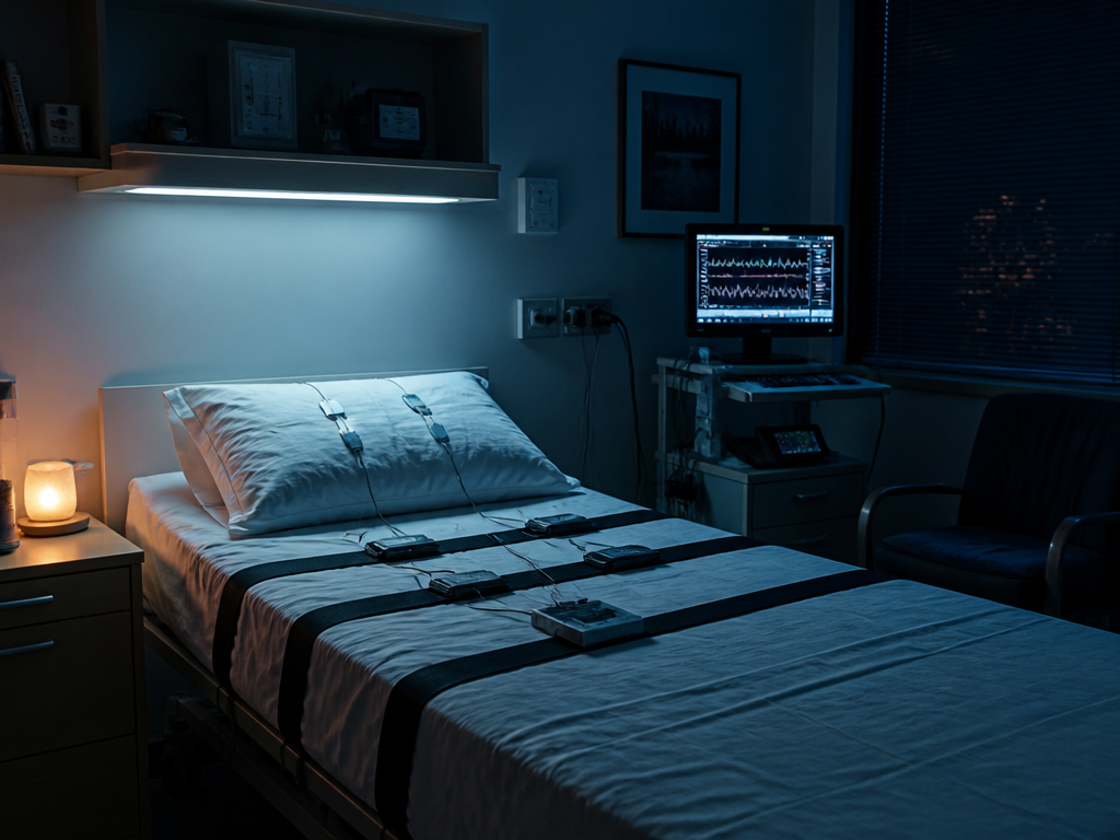 A wide photorealistic shot of a dim sleep-lab room at night, a single bed…