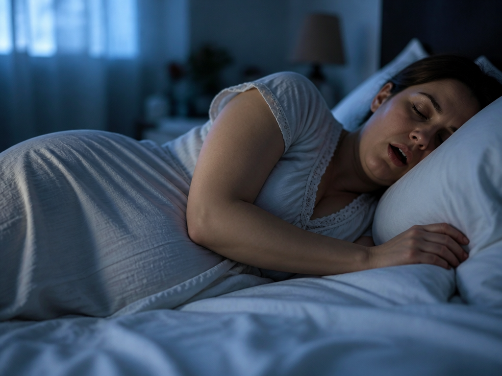 A photorealistic image of a pregnant woman asleep in a dimly lit bedroom, lying…