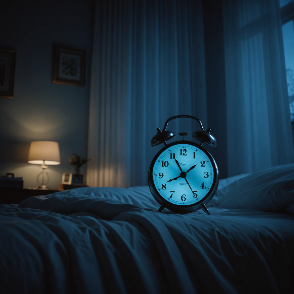 A dimly lit bedroom at 3 a.m., shot from a low angle beside the…