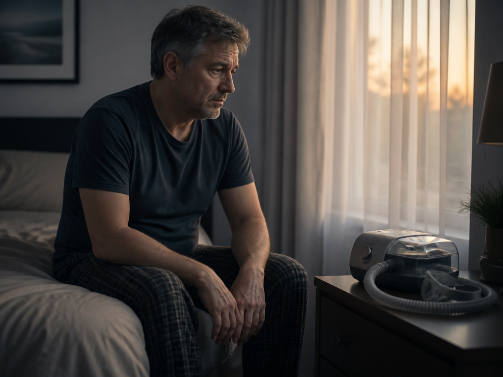 A medium shot of a tired middle-aged person sitting on the edge of their…